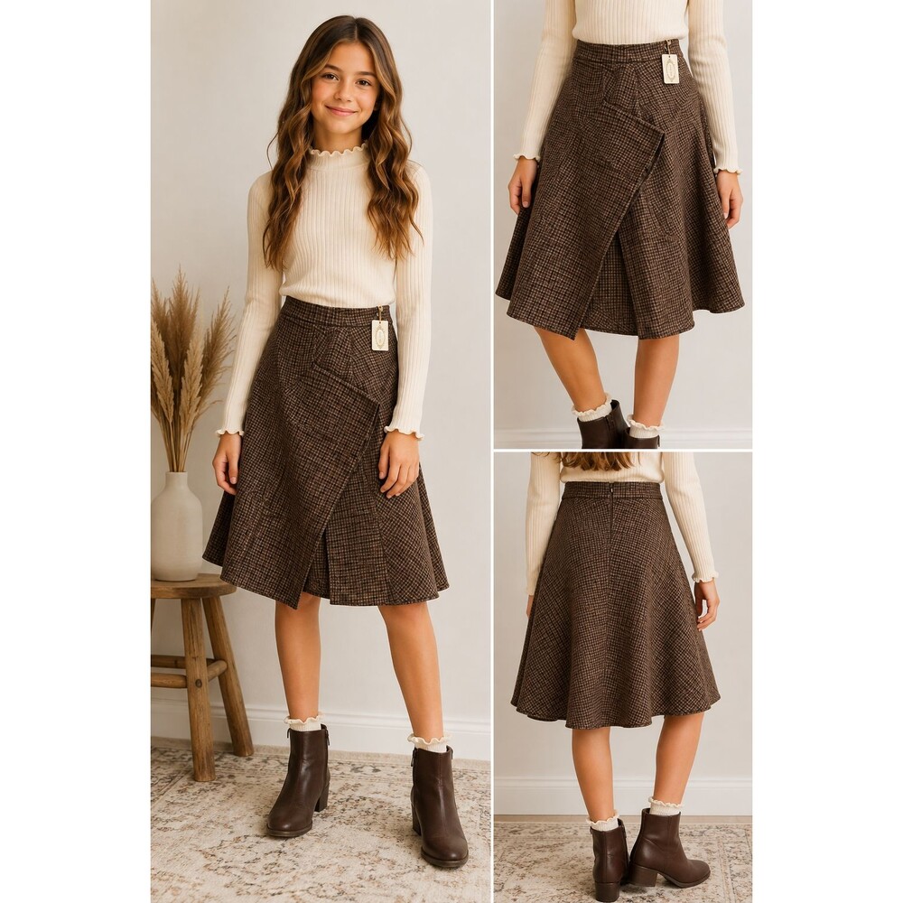Joyfolie Irma Skirt Girls Sz 12 Taupe Plaid NWT A-Line Wrap Midi Tweed Tartan